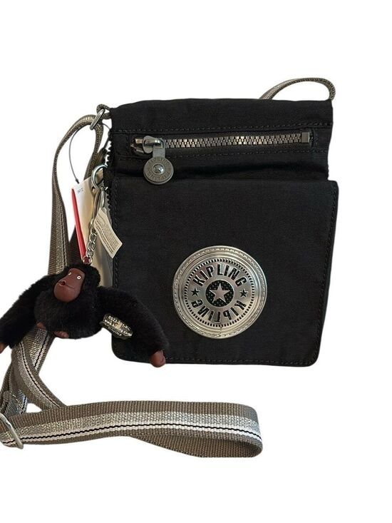 Kipling Handbags - Kipling Crossbody Bag Silver Stripe Strap Multi Pocket Monkey Keychain Black New